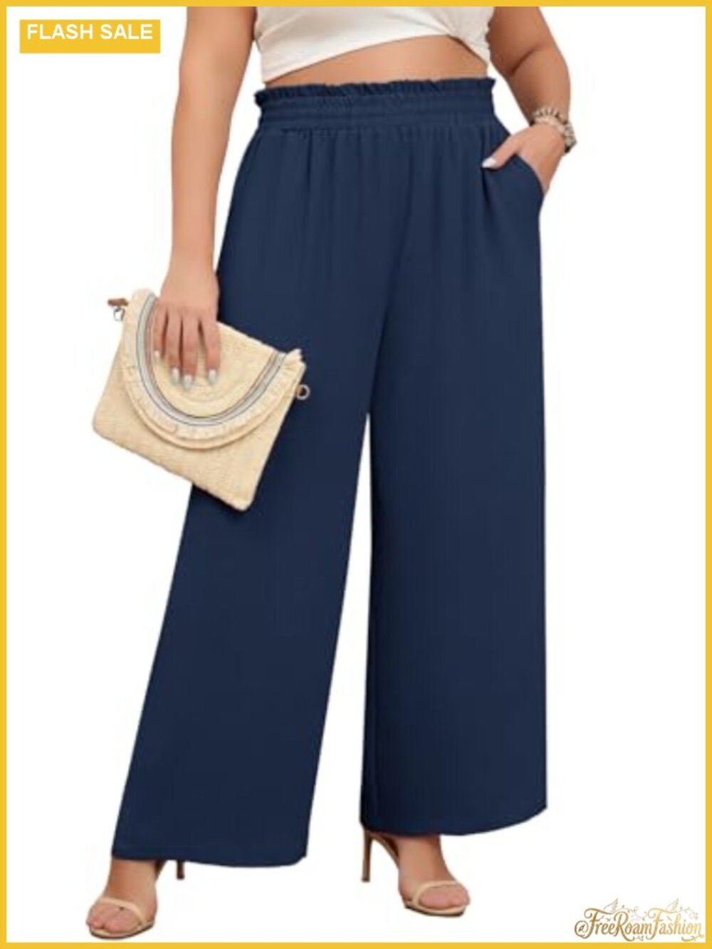 Plus Size Wide Leg Pants Elastic High Waist Palazzo Trousers with Pockets